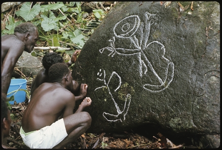 Men drawing on rock carvings