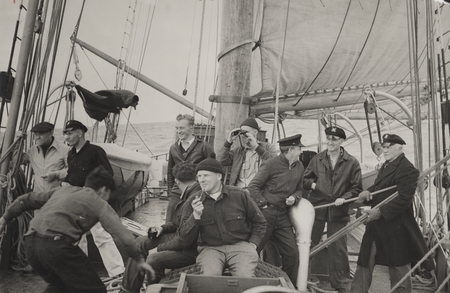Scientists and crew on deck of R/V E.W. Scripps during Gulf of California Expedition, 1939