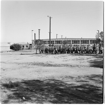Camp Matthews, Gymnasium, Building No.352, Locker room; view of troops in formation
