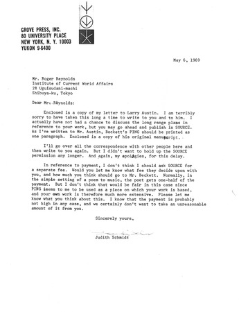 Ping: Correspondence: Letter from Judith Schmidt to Roger Reynolds