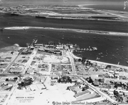 Aerial view of entrance to San Diego Bay, San Diego Yacht Club, and Shelter Island