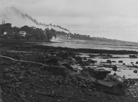 Tsunami sweeping ashore at the Hilo Sugar Company Mill, near Hilo Bay on the Big Island of Hawaii