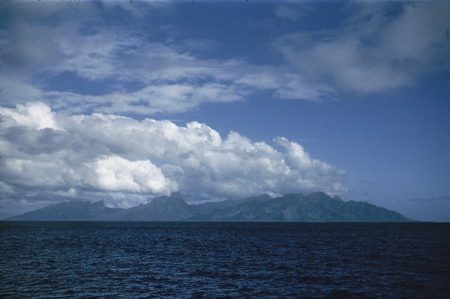 View of Moorea Island in French Polynesia in the South Pacific as seen from sea from one of the research ships during the ...