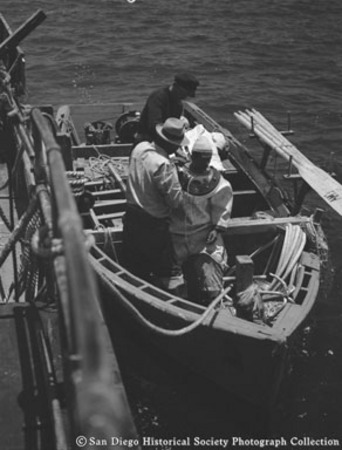 Kelp diver and men on small boat along side American Agar Company boat