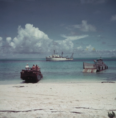 R/V Horizon and a DUKW landing craft off the coast of the Marshall Islands