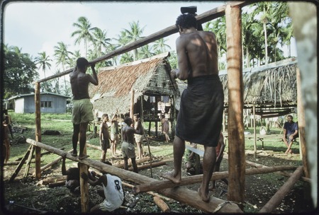 House-building: men lash horizontal poles to vertical posts for frame