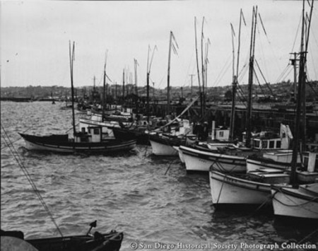 Fishing boats docked at foot of Hawthorne Street on San Diego waterfront