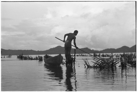 Man fishing at Sinalagu Harbour fishing weir with square net.