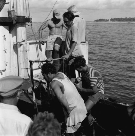 Palmerston Island locals aboard research ship during stopover, Cook Islands