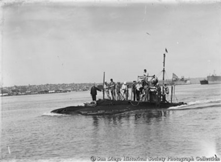 Crew on deck of U.S. Navy submarine on San Diego Bay