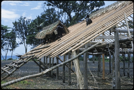 Men weaving roof of building