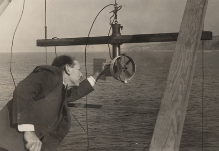 Harald Ulrik Sverdrup with current meter [on Scripps pier or RV E.W. Scripps] circa 1936