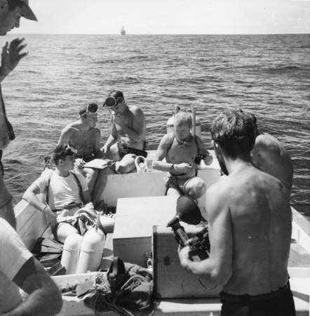 Diving on Alexia Bank. Left to right: William C. &quot;Buddy&quot; King, Robert Floyd Dill (tee shirt), Walter H. Munk, Robert Livin...