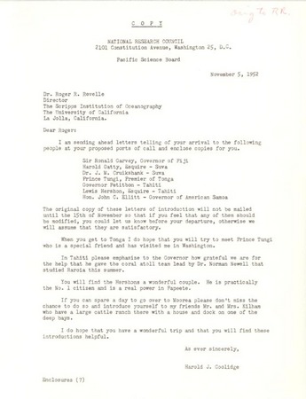 Copy of letter to Roger Revelle