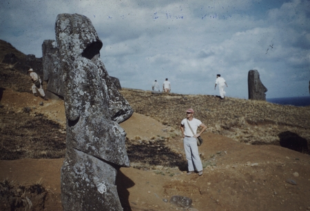 Bob Norris and Easter Island statues, Downwind Expedition, February 1958