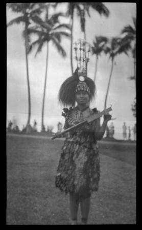 Portrait of woman wearing traditional Samoan dress and headdress