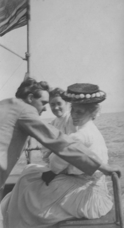 [Ralph E. Watson, Edna Watson Bailey and Beth Worthen on a sailboat]