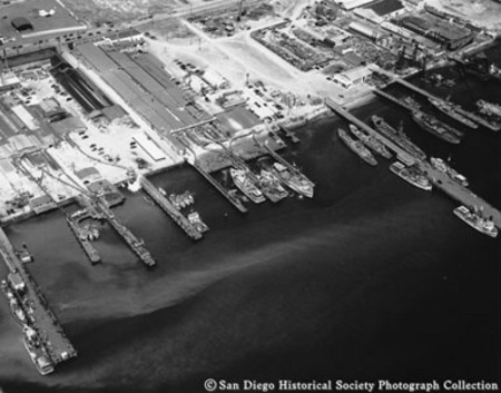 Aerial view of San Diego waterfront showing Van Camp and Sun Harbor canneries and Kelco kelp processing facility