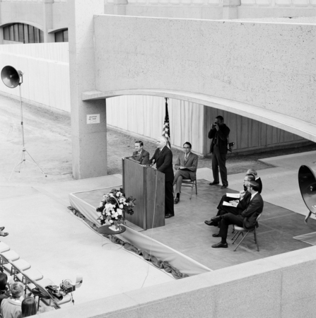 Chancellor William J. McGill at podium during dedication of the Basic Science Building, UC San Diego