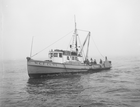 Bottom trawling in fog out of Bodega Bay, California, circa 1950