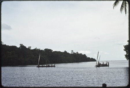 Fishing: canoes returning to inlet near Tukwaukwa, sails furled