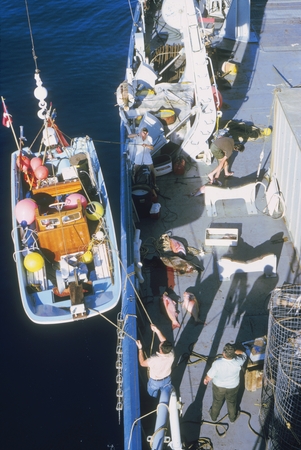 Isaacs Fishing Party, June 1971 [Lowering skiff from R/V Melville]