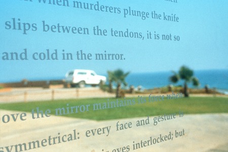 Picturing Paradise: Close-up of text on reflective surface at border fence