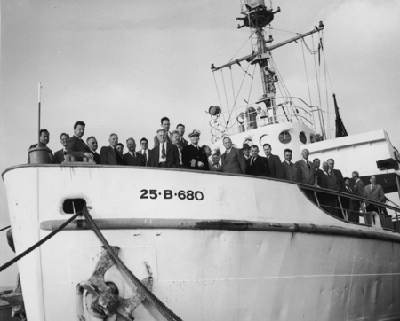 Scientists, Regents and University of California officials aboard R/V HORIZON in San Diego for the March 26, 1951, dedicat...