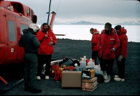 Scientific party and helicopter, Antarctica