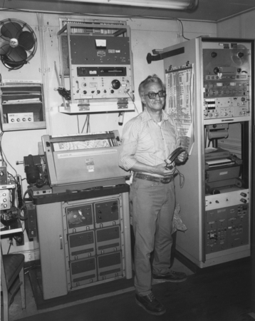 Art Arroyo in the weather radio room aboard the D/V Glomar Challenger (ship) during the Deep Sea Drilling Project. Scripps...