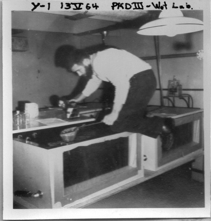 Paul Dayton in wet lab, Bio Lab, McMurdo Station, Antarctica. 1964