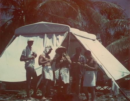 Bikini Island&#39;s &quot;Little Petunia&quot; encampment. Left to right: Edward Barr, Bob Dill, Dean Carlson, George Brayton, Wayne Run...