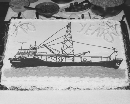 Celebration cake depicting the D/V Glomar Challenger (ship) ten years on duty for the Deep Sea Drilling Project. 1978.