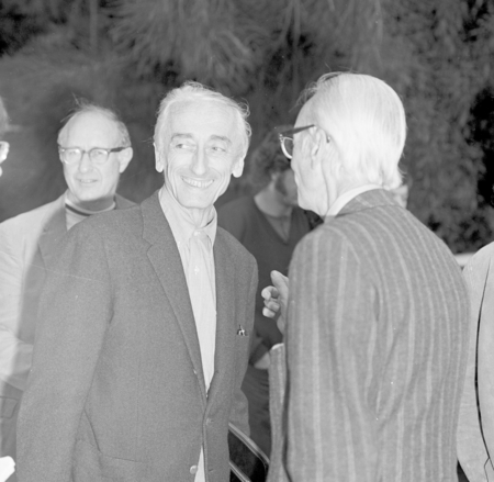 Jacques Cousteau and Fred Noel Spiess (back left), during Cousteau&#39;s visit to Scripps Institution of Oceanography