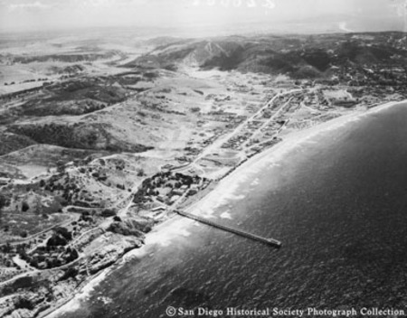 Aerial view of Scripps Institution of Oceanography, pier, and coastline