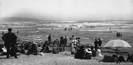 Panoramic view of people on beach and in ocean surf at Ocean Beach