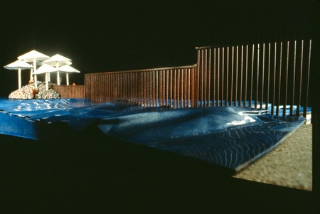Island on the Fence: view of proposal model with floating island and border fence extending into the Pacific Ocean