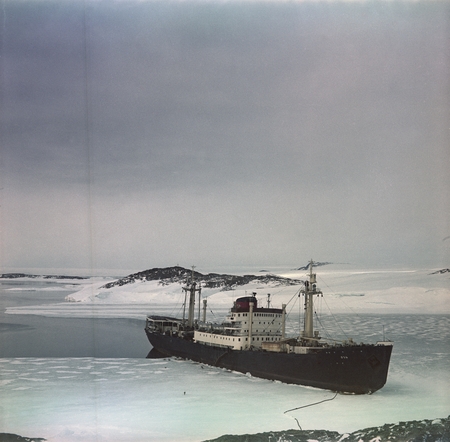 Research ship Ob filling its fresh water tanks from a small frozen coastal lake