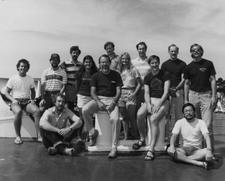 All the scientists on the deck of D/V Glomar Challenger (ship) during Leg 95 of the Deep Sea Drilling Project. 1983.