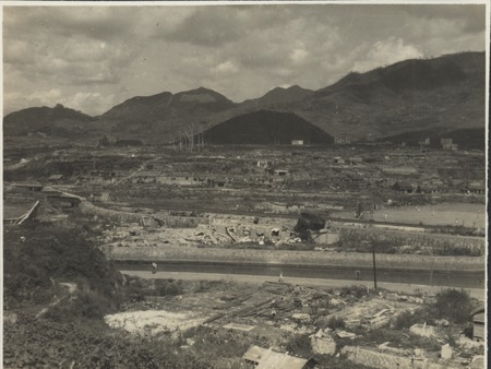 Nagasaki scene, during Claude M. Adams visit, when access was restricted due to radiation from the atomic bomb. Japan, 1946