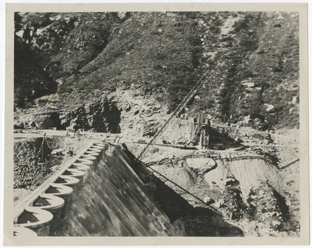 Construction of Lake Hodges Dam with crane