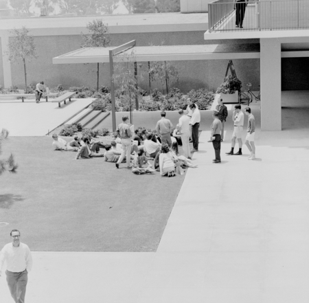 Students holding a protest demonstration meeting, Revelle College, UC San Diego