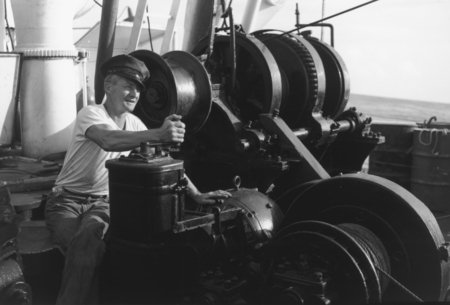 Harold W. Brown &quot;Brownie&quot; operates small winch on R/V Spencer F. Baird