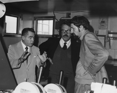 Amsterdam Portcall, October 1, 1974. 11. On the bridge of the R/V Glomar Challenger, Amsterdam. Leftto right: Captain Jose...