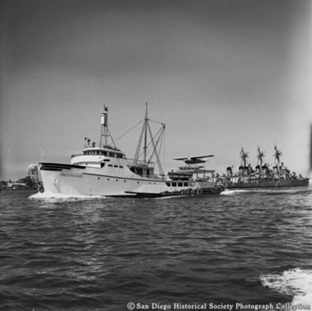 Tuna boat Paramount with seaplane on stern canopy