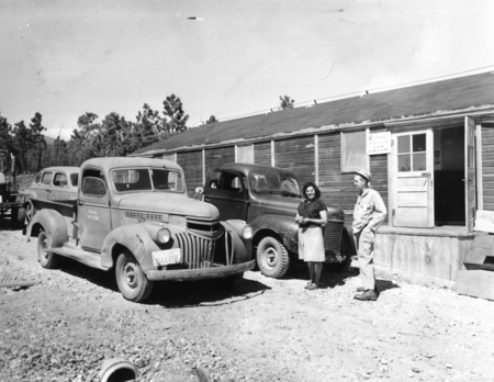 Camp personnel in front of barracks at Alamogordo Air Base, New Mexico