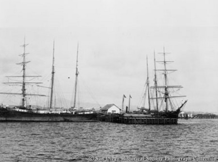 Malay and other docked sailing ships, San Diego harbor