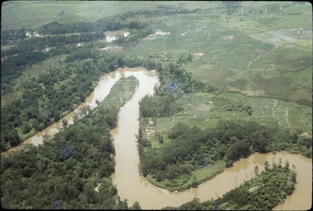 Balim Valley, aerial view of river and gardens