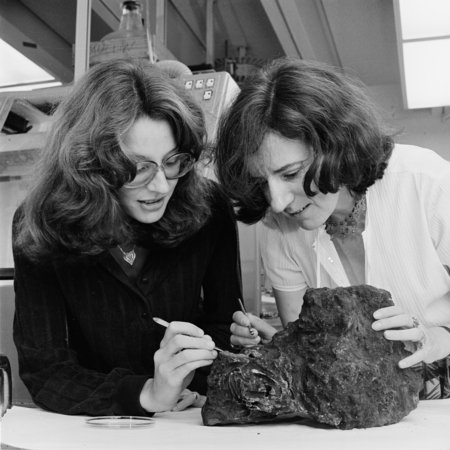 Miriam Kaster (right) and Rachael Hayman (left) examining fossilized marine sediment, Scripps Institution of Oceanography