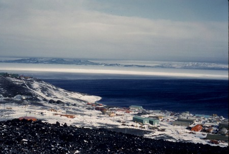 Looking across McMurdo Sound, towards the Antarctic continent, from McMurdo Station, Ross Island, Antarctica. 1964